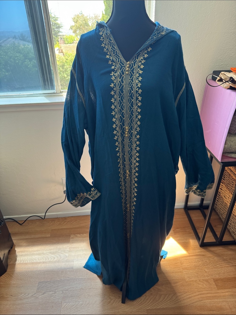 Embroidered Teal Hooded Caftan